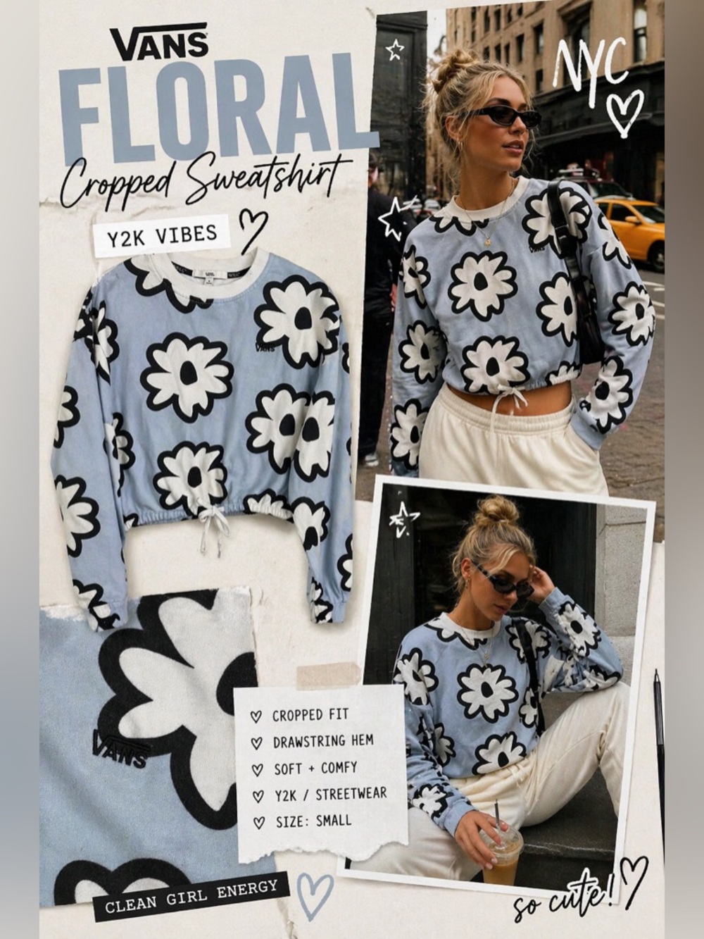 Vans Floral Cropped Sweatshirt Blue Daisy Print Drawstring Hem Size S